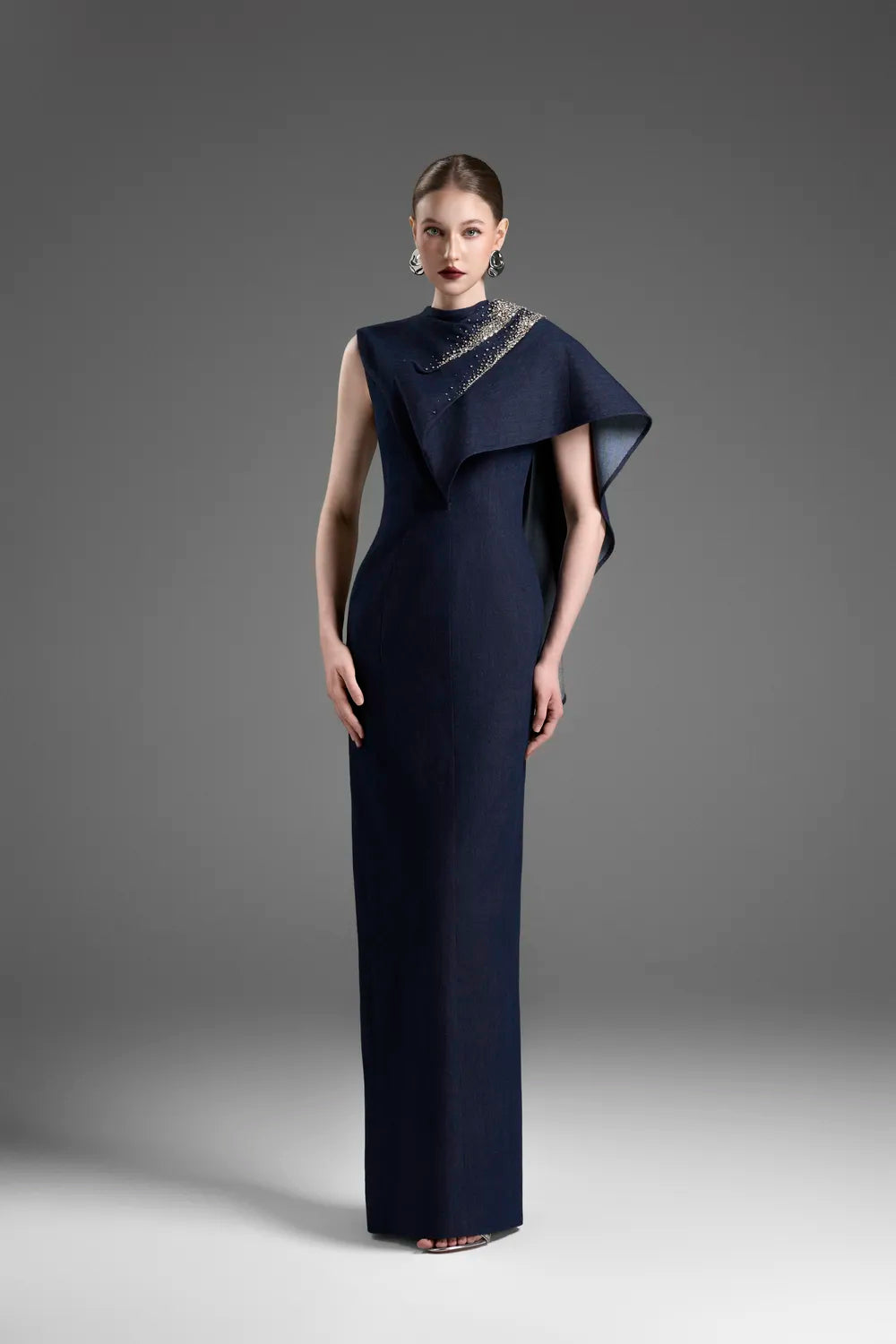 Asymmetric Shoulder High Neck A-Line Dress